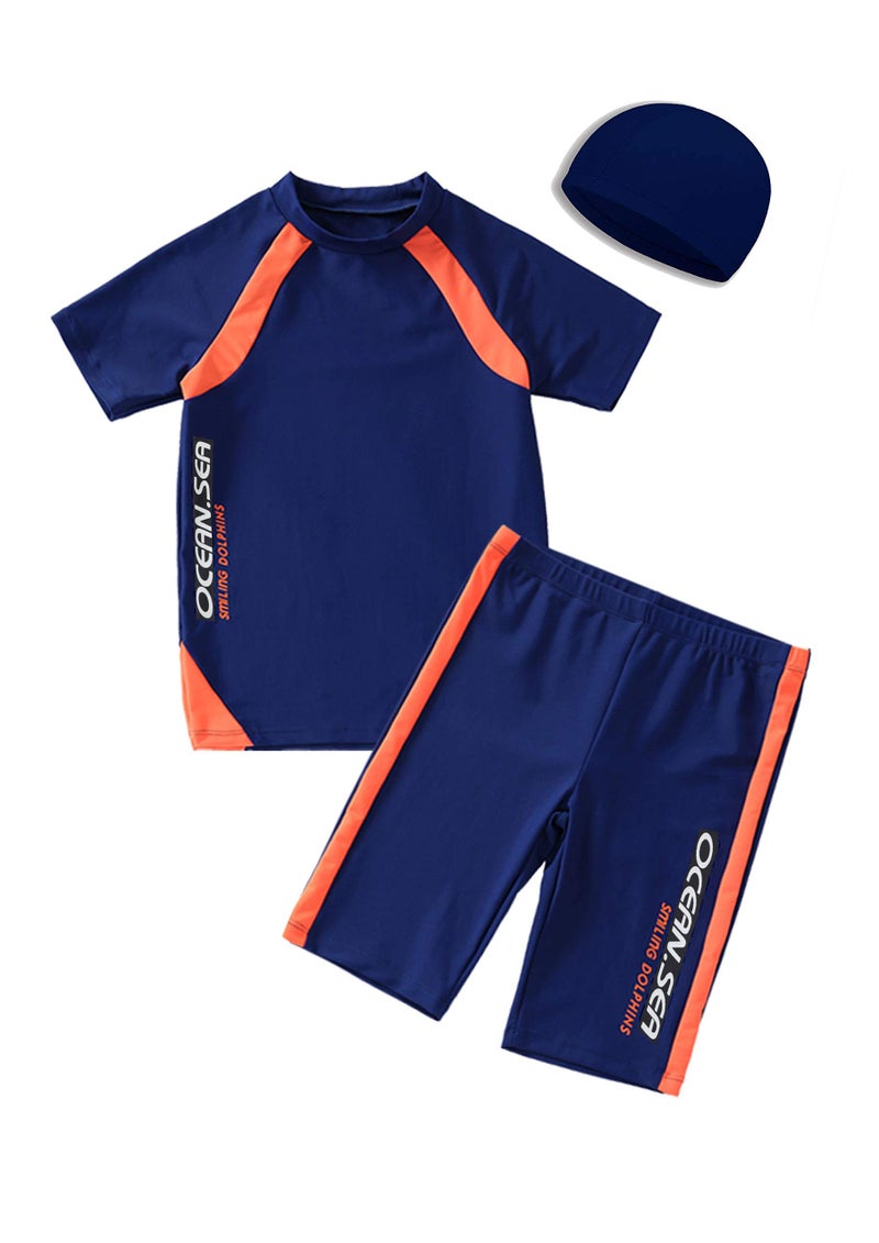 KID1234 Kids Boys Swimsuits UPF50+UV Swimwear Set Two Piece Rash Guard with hat for 4-14 Years Blue - Image 1